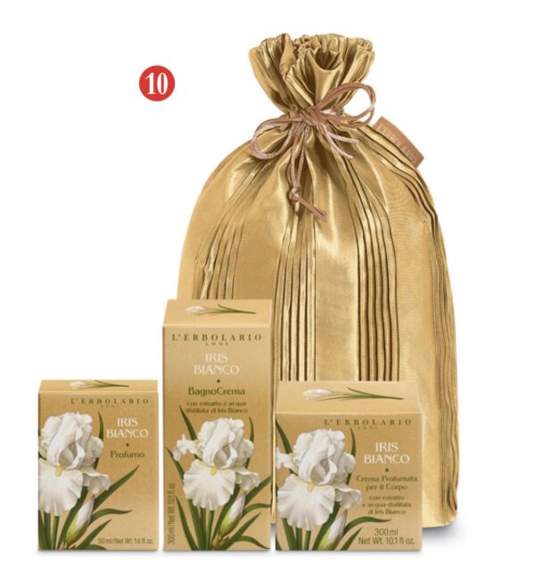Regalo Iris Bianco Carezza Profumo, Bagnocrema e Crema Corpo in sacchetto Plissé