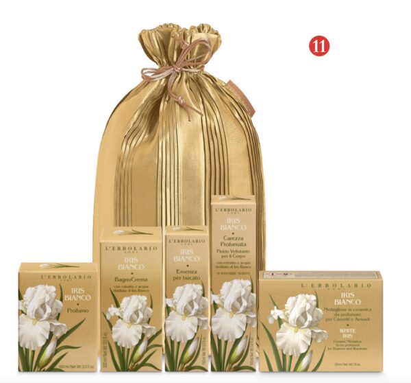 Regalo Iris Bianco Profumo 100ml, Bagnocrema, Essenza bucato, Medaglione e Carezza in sacchetto Plissé