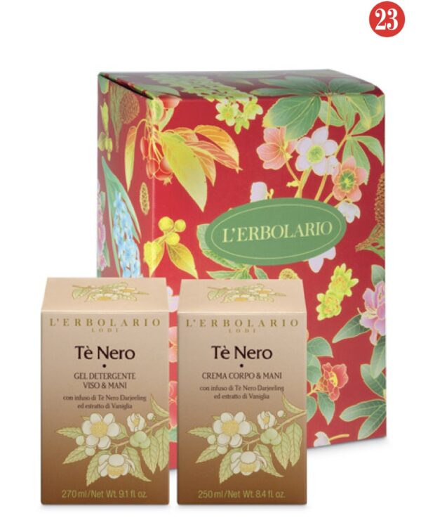 Regalo Te' Nero Gel Detergente Viso Mani e Crema Profumata Corpo e Mani in scatola autoformante
