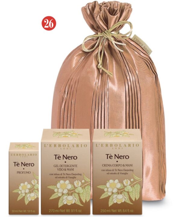 Regalo Te' Nero Profumo, Gel Detergente Viso Mani e Crema Profumata Corpo e Mani in sacchetto Plissé