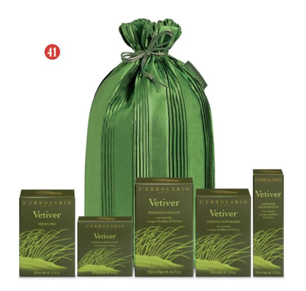Regalo Vetiver Profumo 100ml, ShampooDoccia, Lozione Dopobarba, Deodorante e sapone in sacchetto Plissé