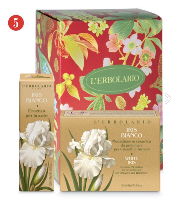 Regalo Iris Bianco Essenza per Bucato e Medaglione Ceramica in scatola autoformante